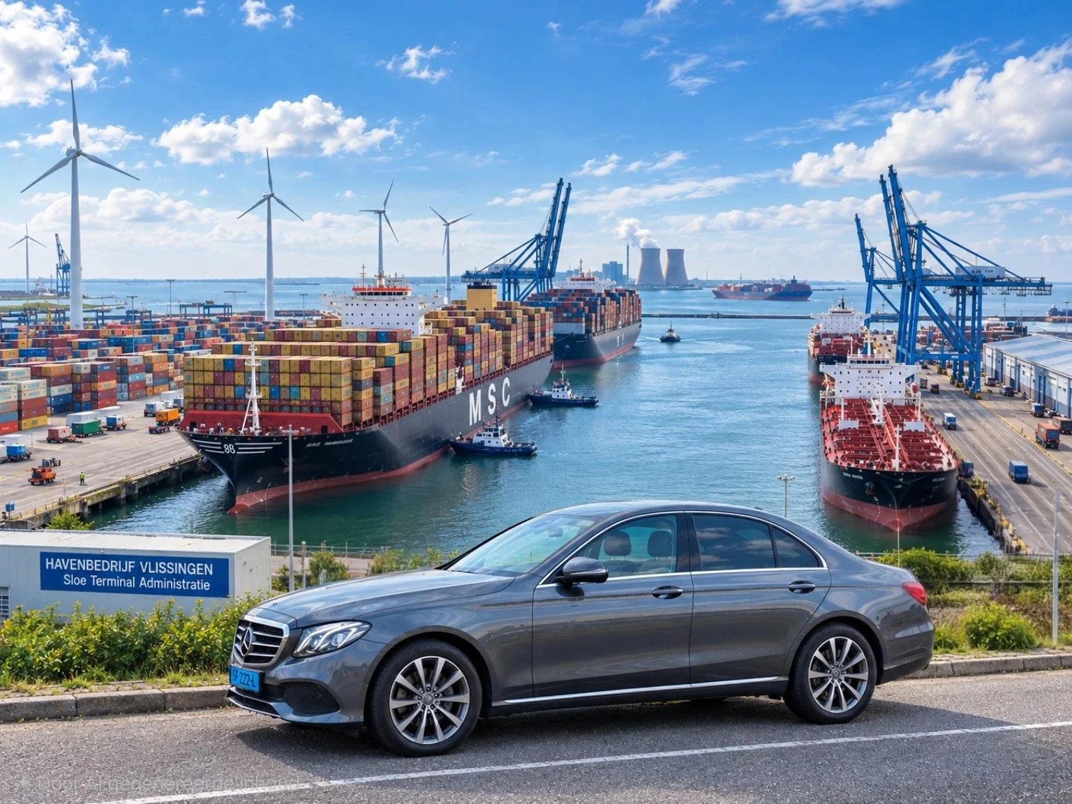 Taxi Cozy Mercedes E-Class taxi bij haven Vlissingen-Oost Sloehaven